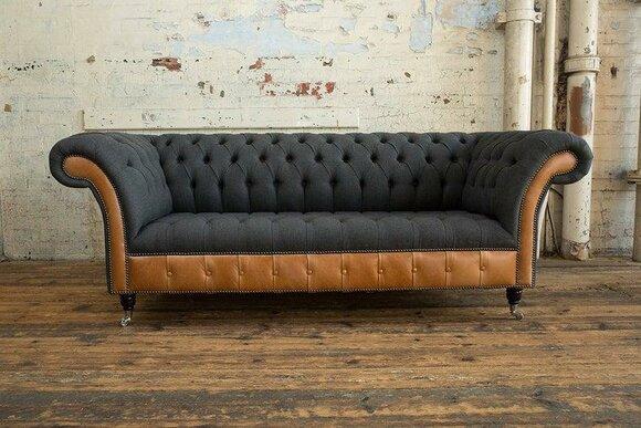 Bi material Chesterfield Couch 3 seater sofa couch mixture with leather and textile