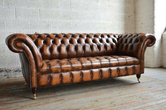 Chesterfield Sofa 3-Seater Amazing Brown Faux Leather Couch With Casters Comfy Sofa