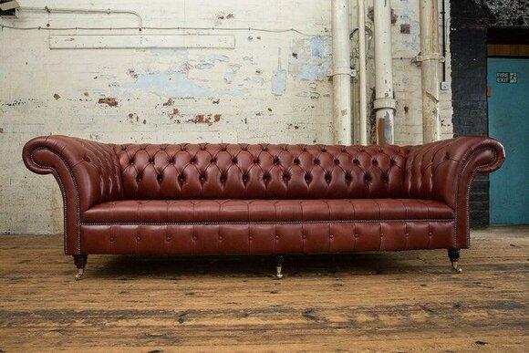 Chesterfield 4-Seater Upholstered Sofa Orange Brown Faux Leather Comfortable Classic Couch on Casters New