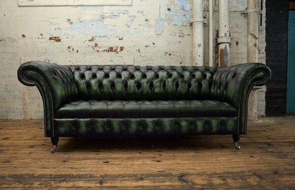 Chesterfield Sofa Dark Green 3-Seater Faux Leather Upholstered Classic Couch New On Casters