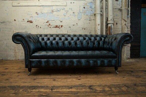 Classic Sofa 3-Seater Chesterfield With Buttons Dark Blue Faux Leather Couch Comfortable on Casters New