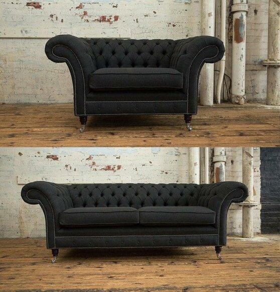 Chesterfield Sofa Set 3+1 Seaters Classic Grey Textile Couches Comfortable Furniture New