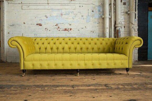 Yellow Chesterfield Sofa 4-Seater Textile / Leather Upholstered Comfortable Couch on Casters (Wheels)