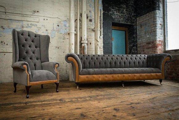 Chesterfield Sofa Set 3+1 Seaters Tall Back Armchair Grey Textile Comfortable Couches New