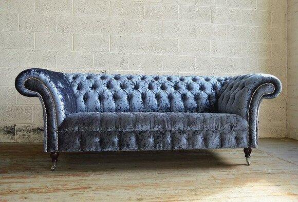 Chesterfield Sofa 3-Seater on Castors Blue Textile Upholstery Velvet Comfortable Couch