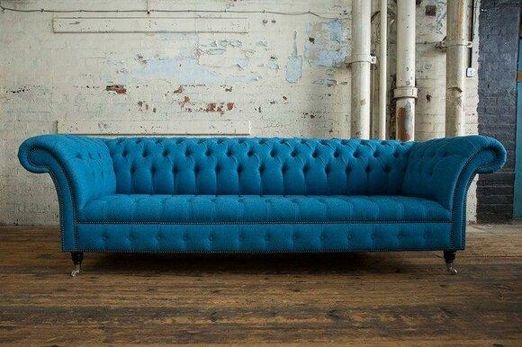 Sofa 4-seater upholstery Chesterfield textile Modern Design Blue Comfortable Couch on Casters