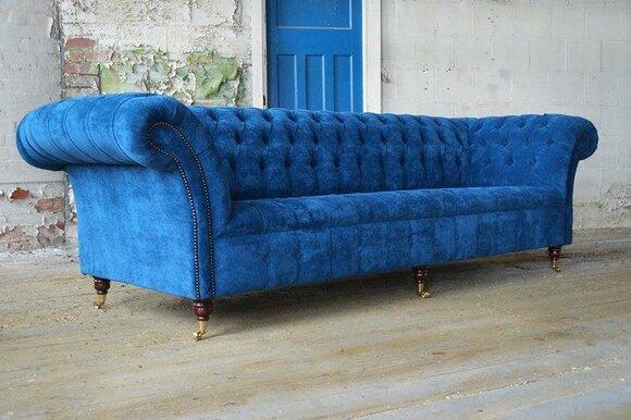 Blue Chesterfield Couch Upholstery Textile 4 Seater XXL Big Sofa Comfortable XXL New
