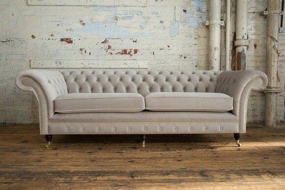 Chesterfield Sofa 4-Seater Light Beige Luxurious Textile Couch With Comfortable Cushions on Casters New