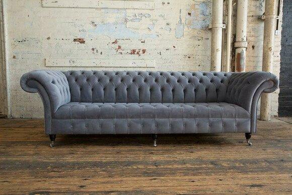 Luxurious Chesterfield Sofa 4-Seater Grey Textile Upholstered Comfortable Living Room Couch on Casters New