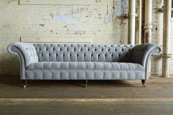Design Chesterfield Sofa 4 Seater Couch Upholstery Luxury Classic Textile Sofas Grey on Casters