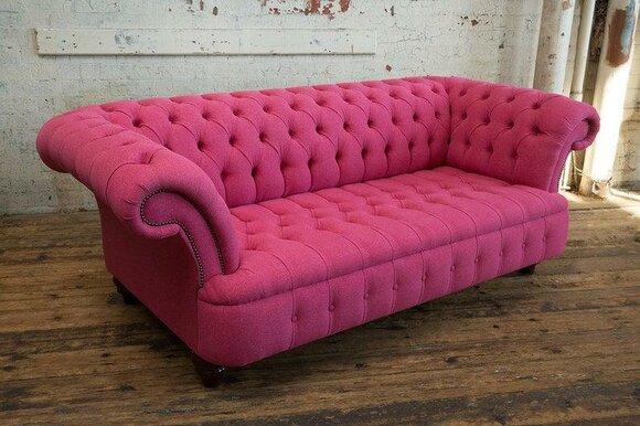 Luxurious Chesterfield Sofa 3-Seater With Buttons Pink Textile Upholstery Comfortable Couch New