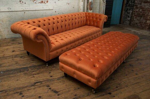 Chesterfield Sofa Set 4-Seater + XXL Ottoman Stool New Orange Textile Upholstered Comfortable