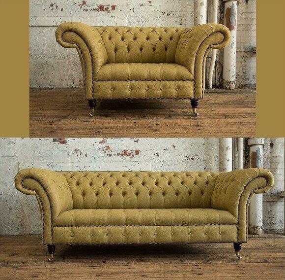 Sofa Set 3+1 Seaters Chesterfield Couches with Buttons Yellow Textile Sofas with Casters New