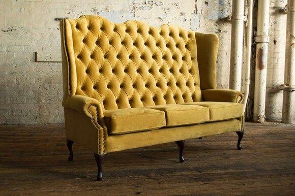 Chesterfield Sofa 3-Seater Tall Backrest Yellow Textile Upholstered Bench Type Couch New