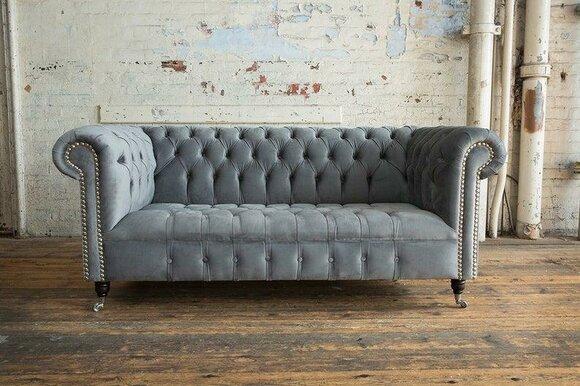 Chesterfield Sofa 3-Seater Luxurious Grey Textile Couch On Casters Comfortable New