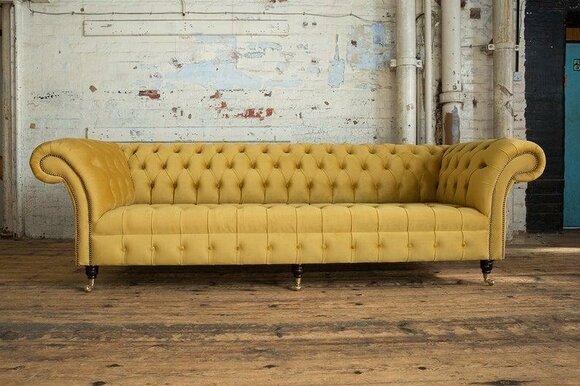 Chesterfield Sofa 4-Seater Yellow Textile Upholstered Comfortable XXL Couch on Casters New