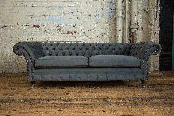Chesterfield Sofa 4-Seater Grey Textile Upholstered With Soft Cushion Pads Comfortable New