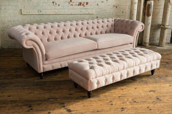 Chesterfield 2-Piece Sofa Set 4-Seater + Stool Bench Light Pink Comfortable with Pads New