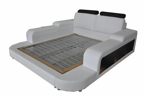 Designer leather marriage double bed with modern style bedside console 140/160/180/200cm sizes, model - LB8810