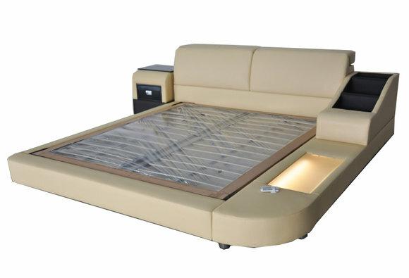 Designer leather marriage double bed with modern style bedside console & light