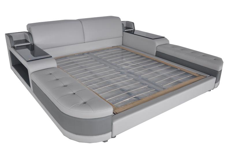 Designer leather multifunctional double bed with bedside console in modern style 140/160/180/200cm sizes, model - LB8820