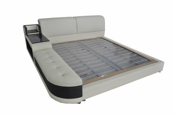 Designer leather multifunctional double bed with bedside console in modern style 140/160/180/200cm sizes, model - LB8820