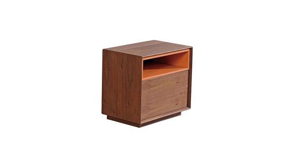 Designer bedside table in modern style with shelves & a swing door made of real wood