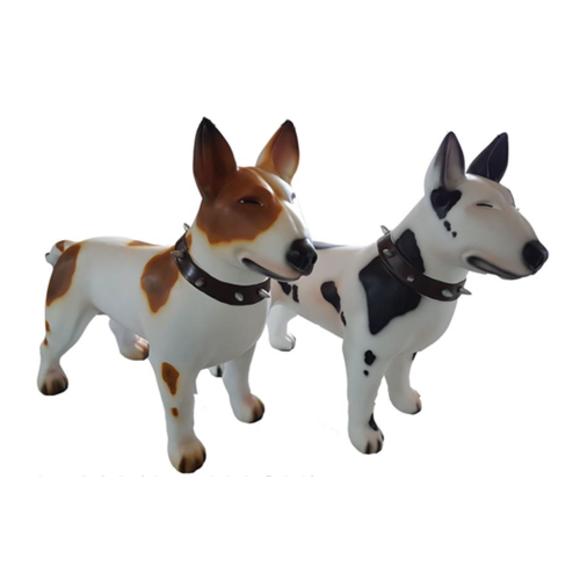 Motley white colored decorative garden sculpture designed as a matte bull terrier 85x116cm