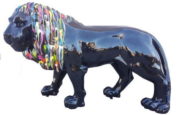 Decorative abstract sculpture of a gloss black lion with colorful stripes figure 140cm height