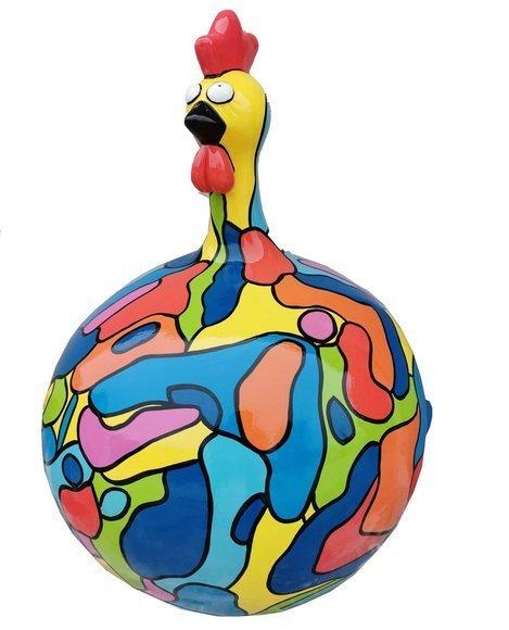 Abstract decorative sculpture designed as a round funny rooster in colorful puzzle patterns 40cm (A790)