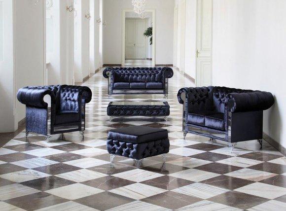 Chesterfield Complete Sofa Set 3+2+1 Seaters + Stool + Coffee Table Leather Upholstered Blue 5-piece Living Room Furniture Set