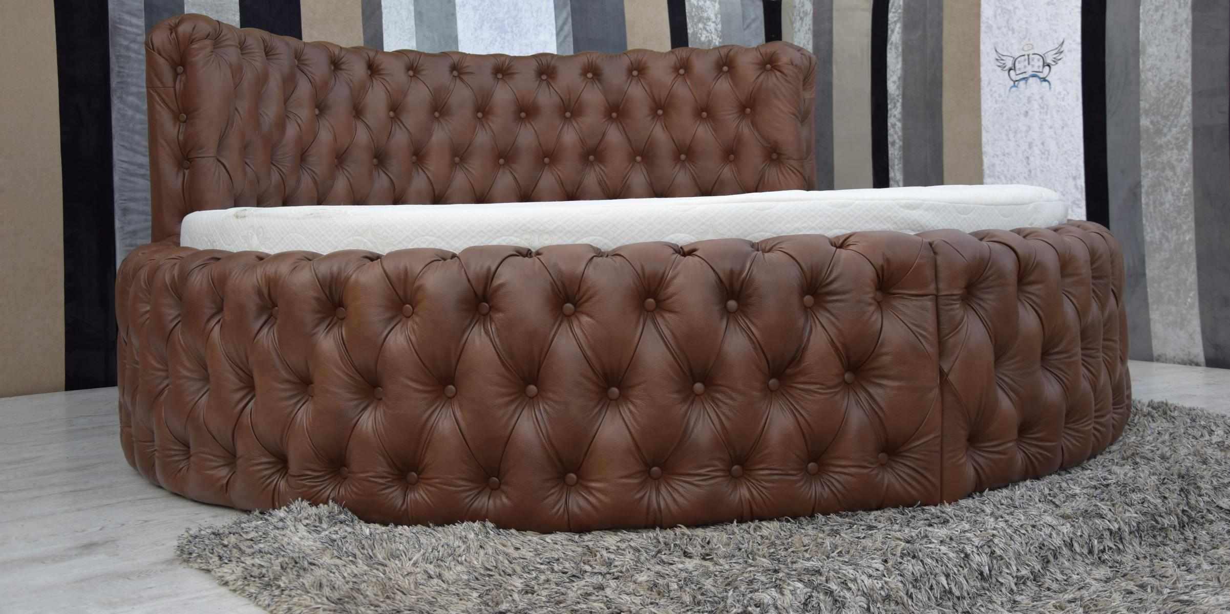 Chesterfield design leather upholstered massive double bed in modern style with buttons made of real wooden frame