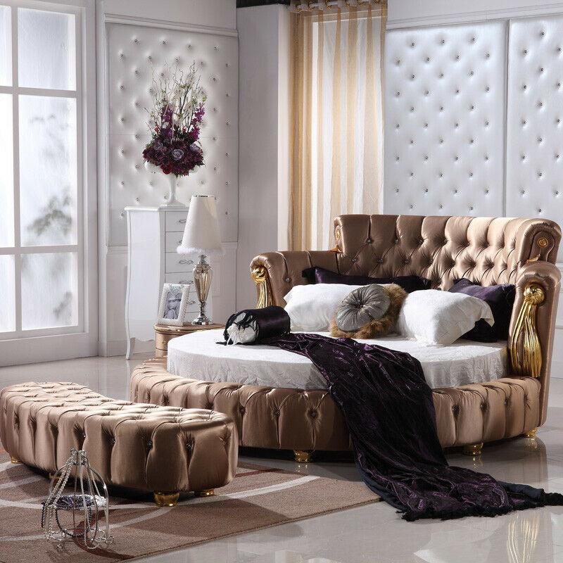 Chesterfield design fabric upholstered massive round double bed in modern style for marriage couple made of real wooden frame with crystal stones