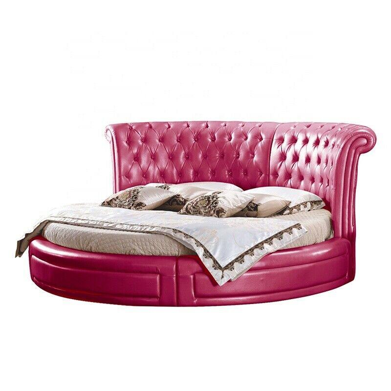 Premium faux leather upholstered chesterfield design round double bed with crystal stones made of real wooden frame
