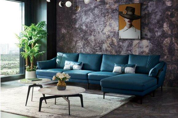 Italian Upholstery Seat Corner Leather Couch Modern Set Living Room Blue