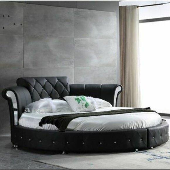 Leather upholstered chesterfield design marriage round double bed for marriage couple in modern style made of real wooden frame