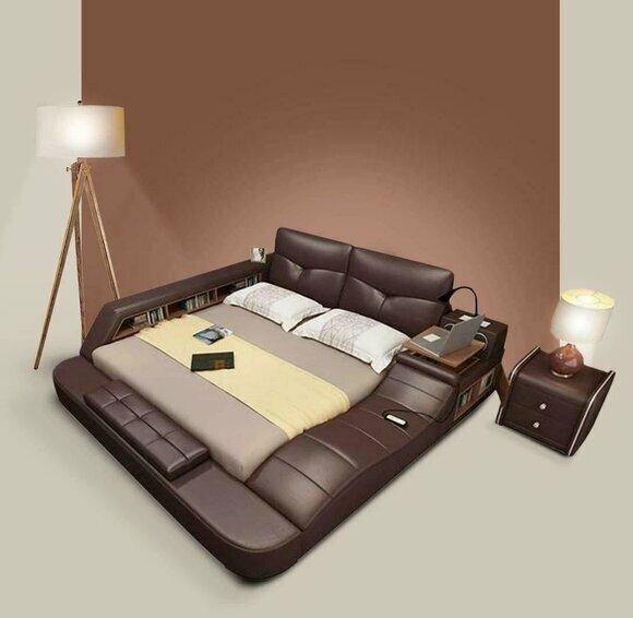 Modern style multifunctional leather double bed made of real wooden 180x200 cm size
