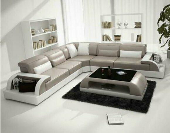 Corner Sofa L Shape + Coffee Table Sofa Couch Design Grey Upholstery Leather Modern Black