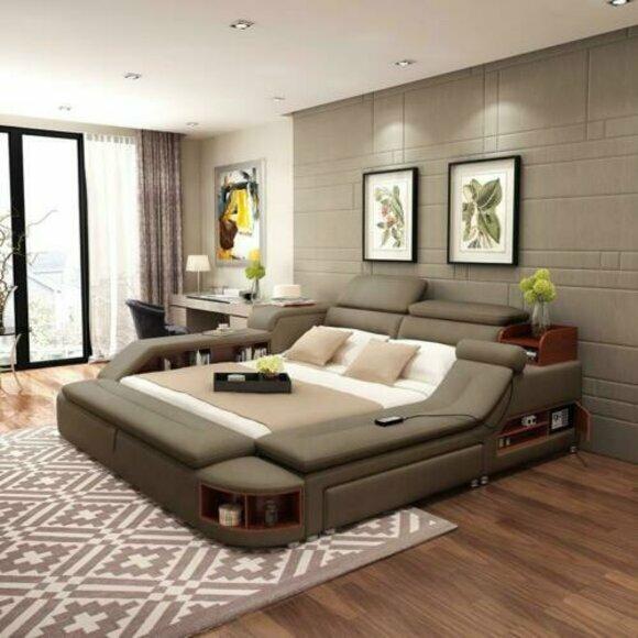 Designer multifunctional leather double bed made of real wooden 180x200cm size