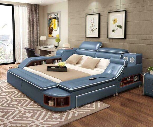 Multifunctional modern style leather double bed made of real wooden 180x200cm size