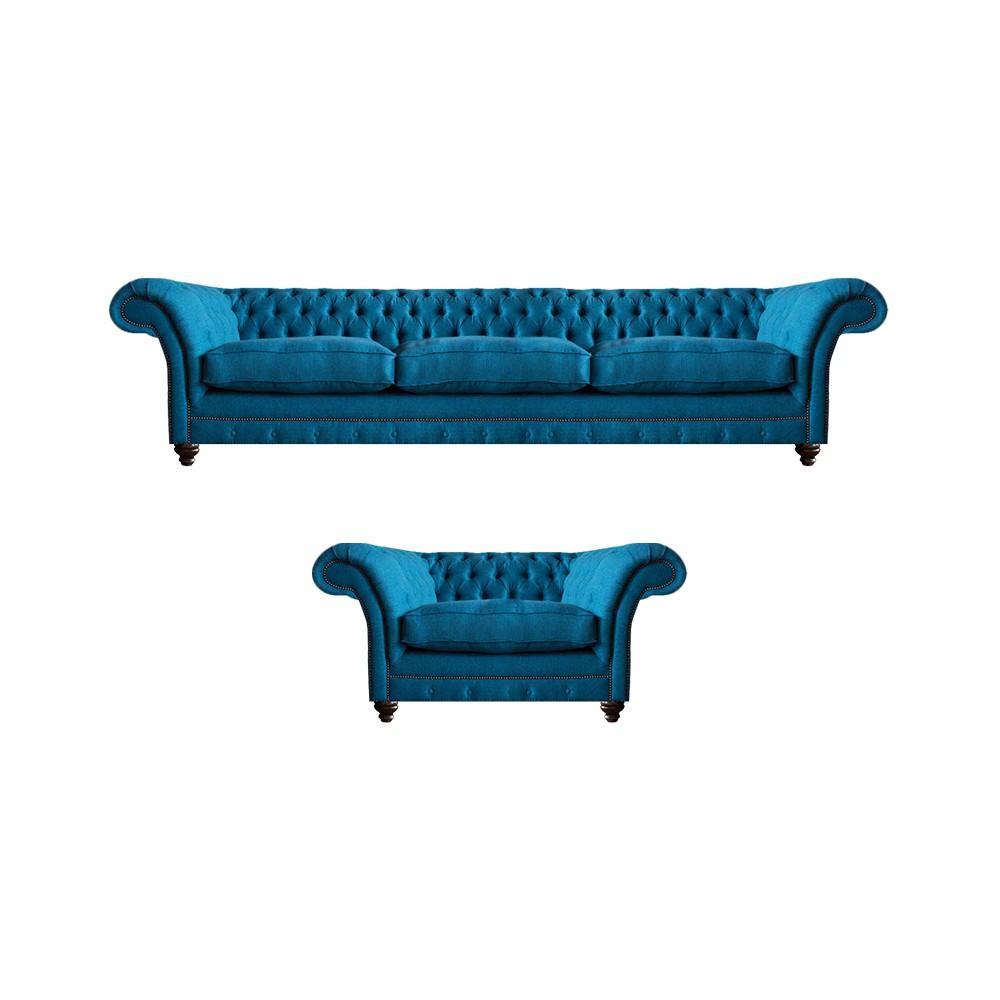 Blue sofa three-seater upholstered furniture couch textile armchair Chesterfield furnishings