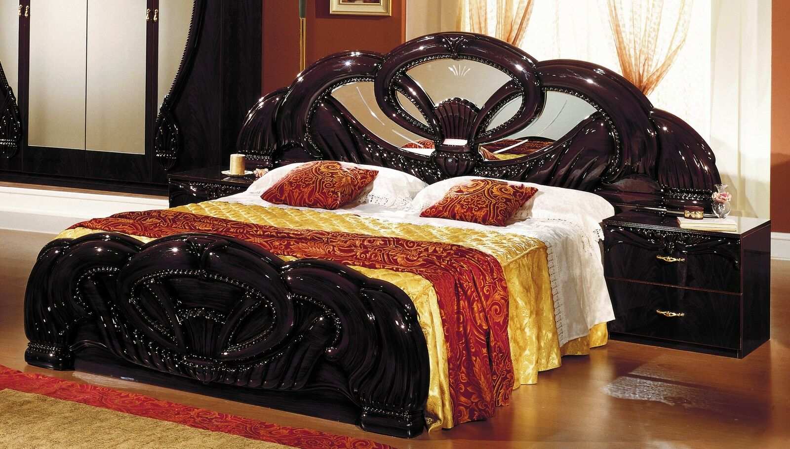 Empire style gloss massive double bed with mirror on backrest, italian furniture