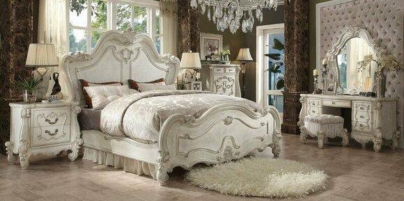 Rococo style classic bedroom set of double bed & 2x-bedside tables made of real wooden frame
