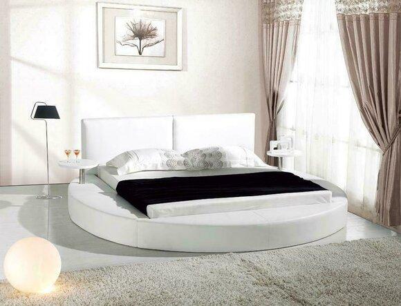 Modern style massive leather upholstered round double bed for marriage couple made of real wooden frame