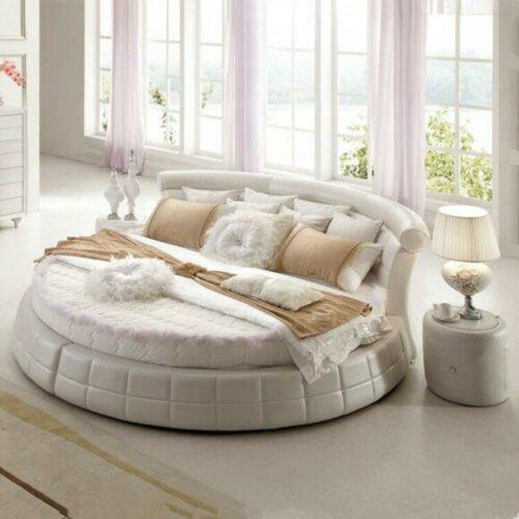 Modern style premium faux leather upholstered massive round double bed for marriage couple made of real wooden frame
