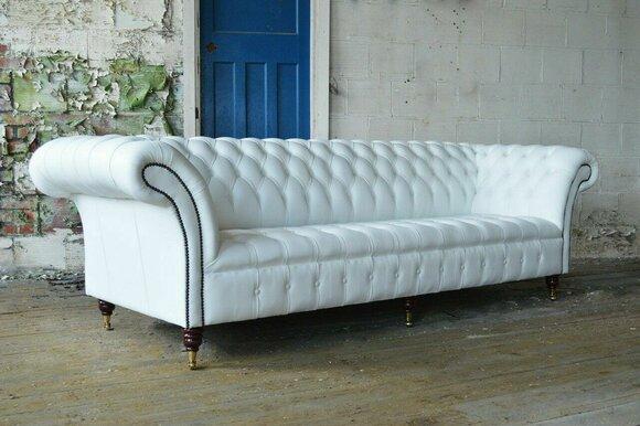 Classic Chesterfield Couch 4 Seater Sofa Couch Velvet Leather Design Big White