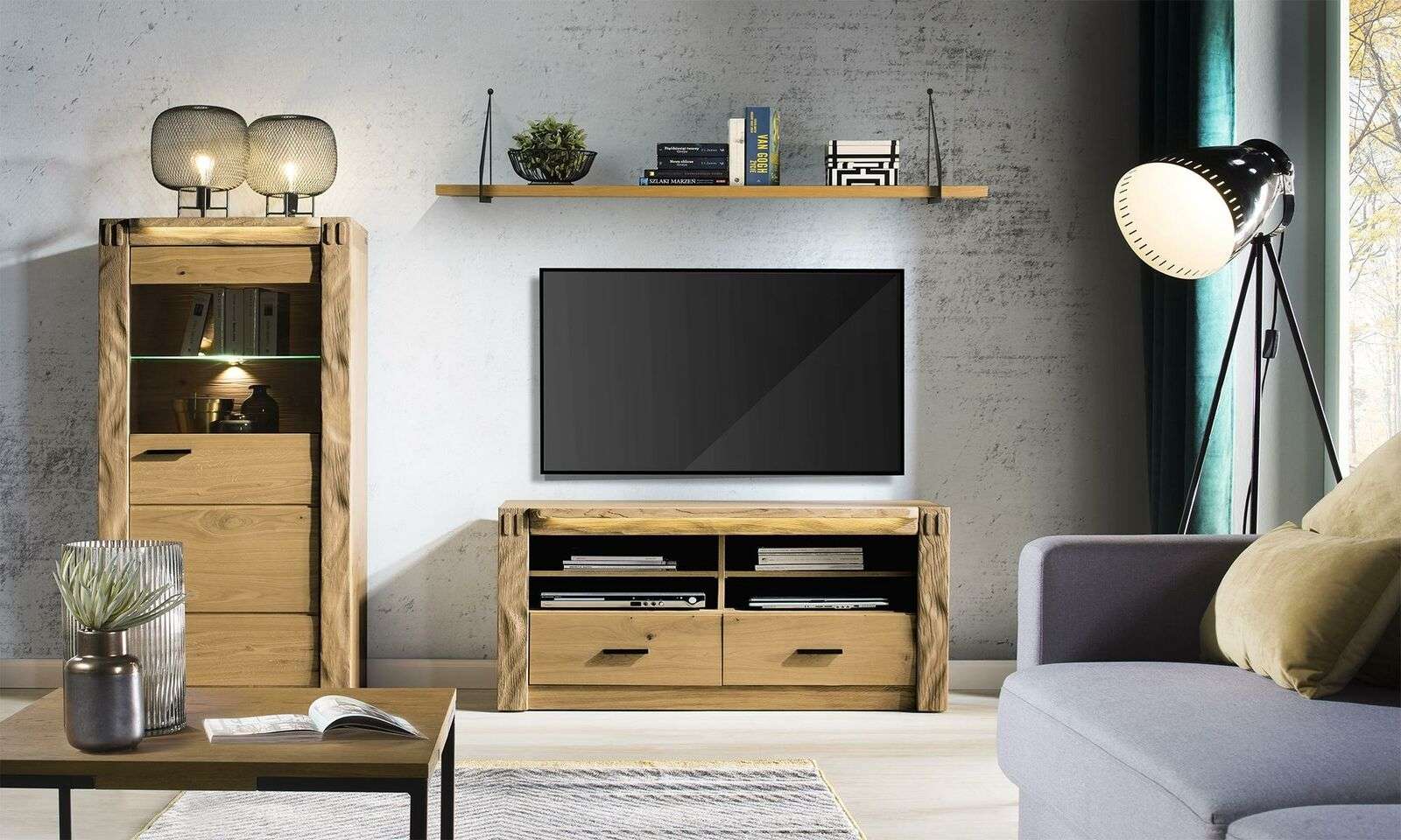Modern style made of real wooden living room set of showcase, TV lowboard & wall shelf