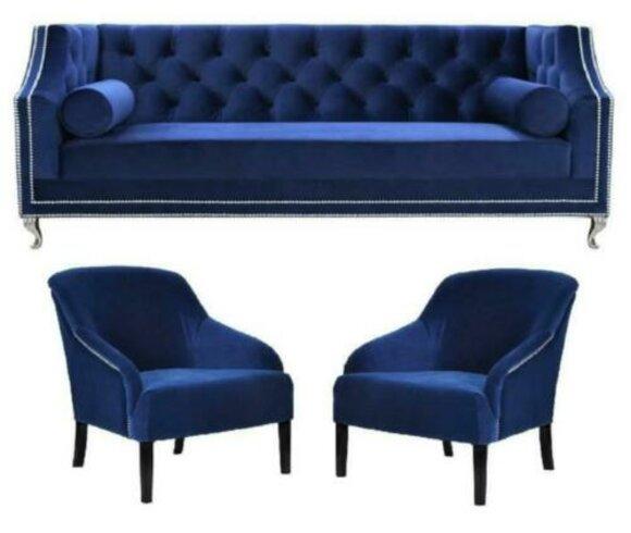 Blue Chesterfield Armchair Blue xxl Textile Fabric Couches Group Furniture Set