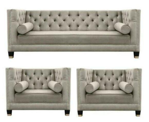 Beige Sofa Set Chesterfield Armchair Luxury Furniture Textile Fabric Living Room New