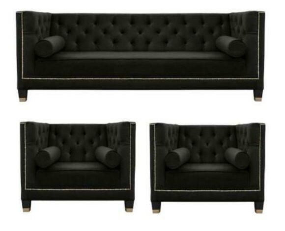 Black Living Room Sofa Set Chesterfield Armchair Black Furniture Textile Fabric